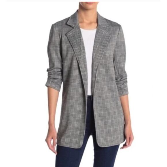 Rachel Zoe Plaid Glen Check Longline Blazer Ruched Sleeve Size Small EUC - Picture 1 of 7